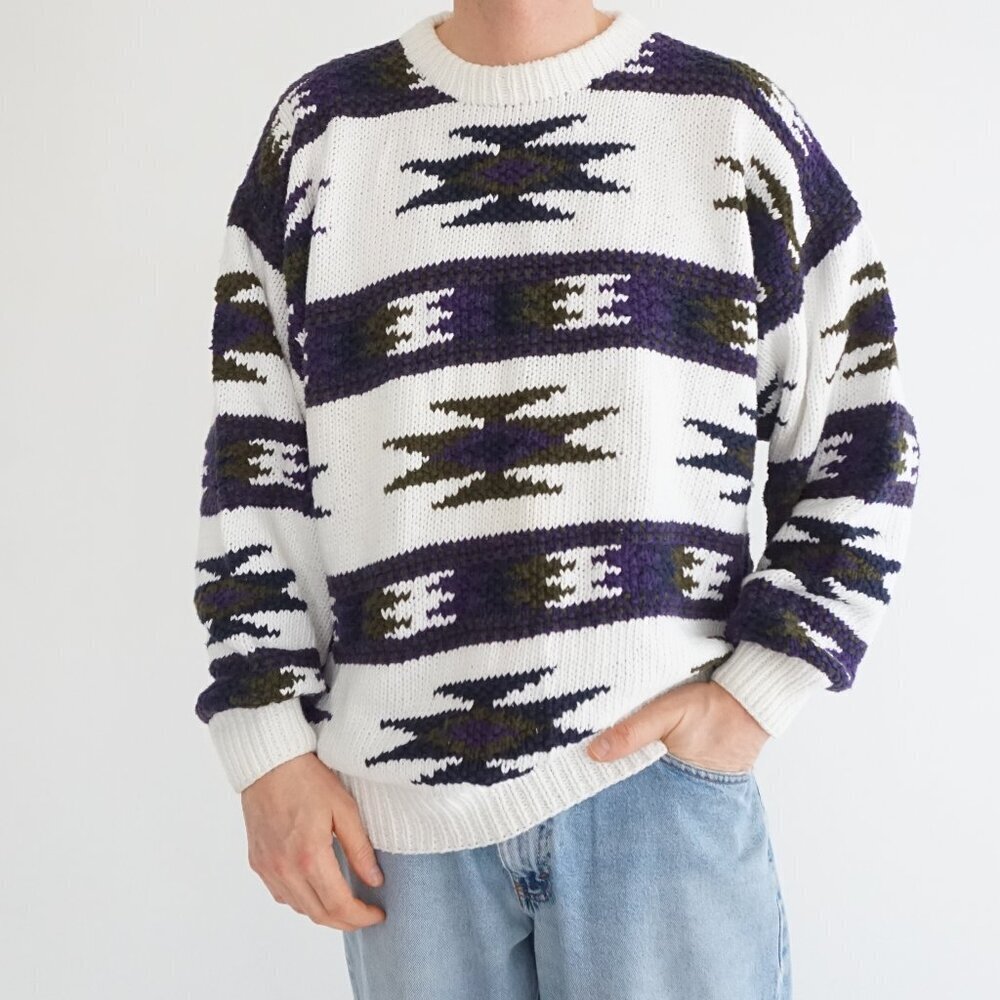 VTG Salty Dog Hand Knit White Purple Southwestern Pattern Cotton Knit Sweater L